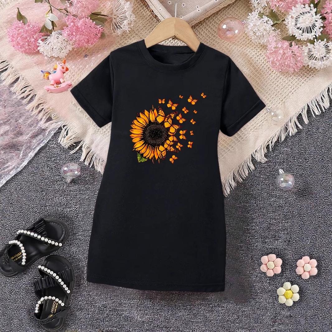 

Girls Sunflower Pattern T-Shirt Dress for Summer, Children s Casual Dress 4-5Y чёрный