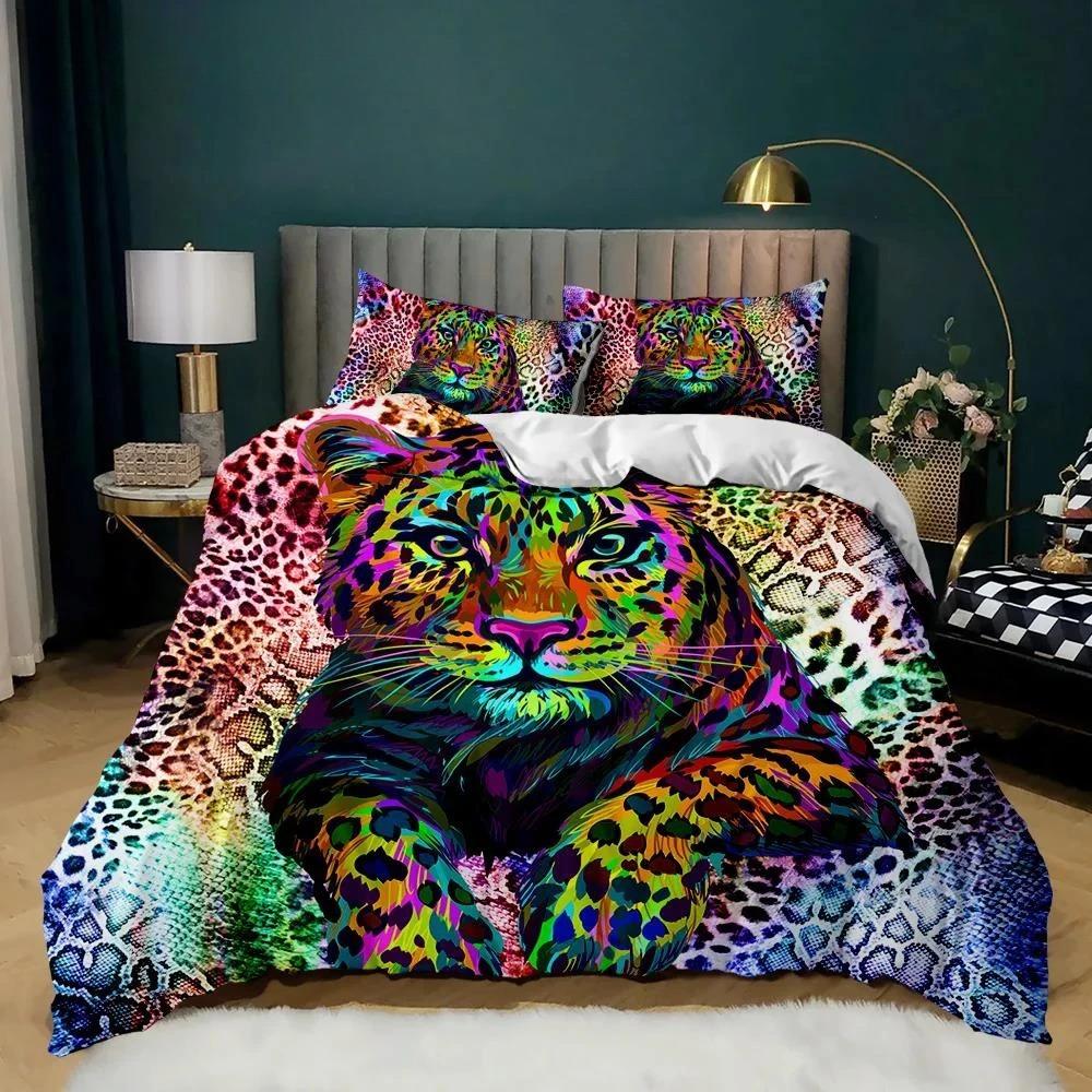 Sada povlečení Tiger Red Rose Flower Přikrývka pro chlapce Africké safari Divoká zvířata Velká kočka Queen King Polyesterový povlak na přikrývku