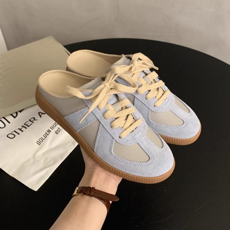 Leather Retro Color Matching Bag Head Half Slippers Women's Summer Wear New Flat-bottomed One-pedal Casual Shoes