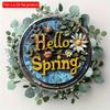 2d Flat 20*20cm Round Wooden "Hello Spring" Sign Art Painting Wreath Decorative, Entrance Decor Gift, Mask Theme, for Bar, Club, Home, Room Wall Decor