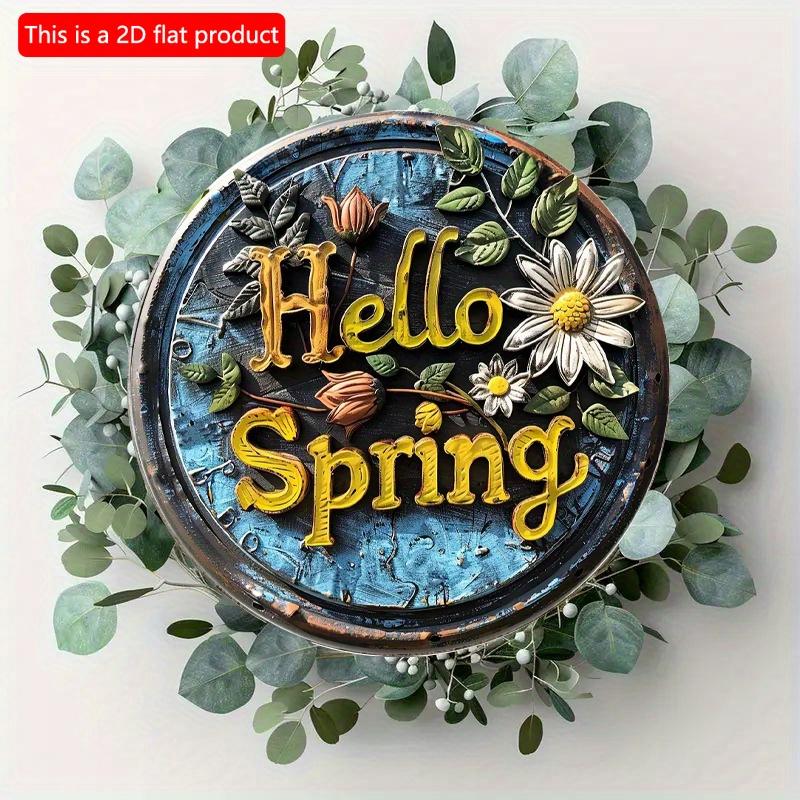 2d Flat 20*20cm Round Wooden "Hello Spring" Sign Art Painting Wreath Decorative, Entrance Decor Gift, Mask Theme, for Bar, Club, Home, Room Wall Decor