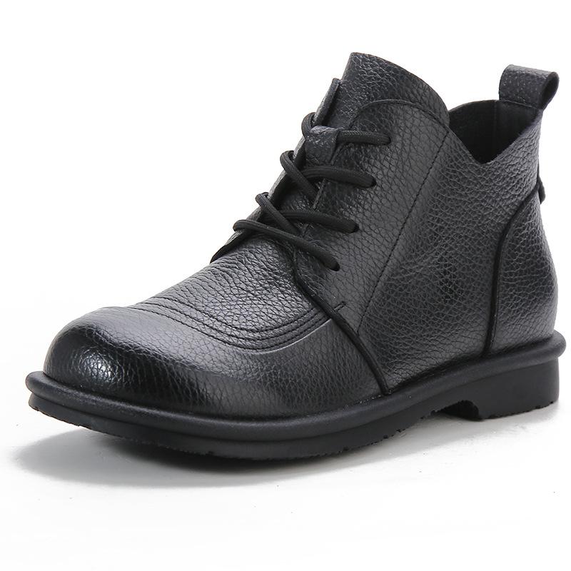 First Layer Cowhide New Versatile Single Boots Velvet Low Heel Short Boots Retro Leather Round Head Women's Boots