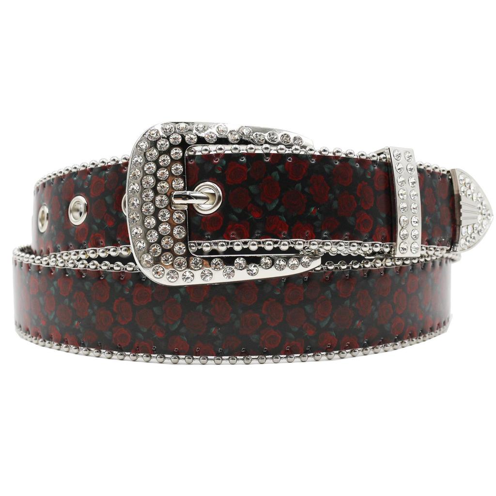 Women's Wide Leather Belt with Rhinestone Red Rose Print & Pin Buckle