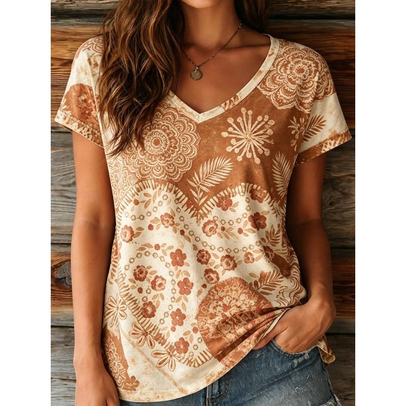 

Women s V-Neck Boho Floral Print Short Sleeve T-Shirt, Casual Tops, Apricot Tone for Spring & Summer L