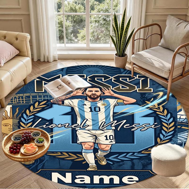 Custom Name Personalized Leo Messi Print Round Rug, Versatile Home Decor Carpet, for Playroom, Apartment, Balcony, Entryway, Hallway Gift