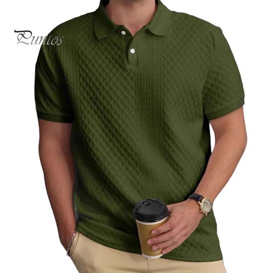 Men Tops Lapel Short Sleeve Solid Color Tee Shirt with Jacquard Decoration Jacquard Fabric Solid Color Tops