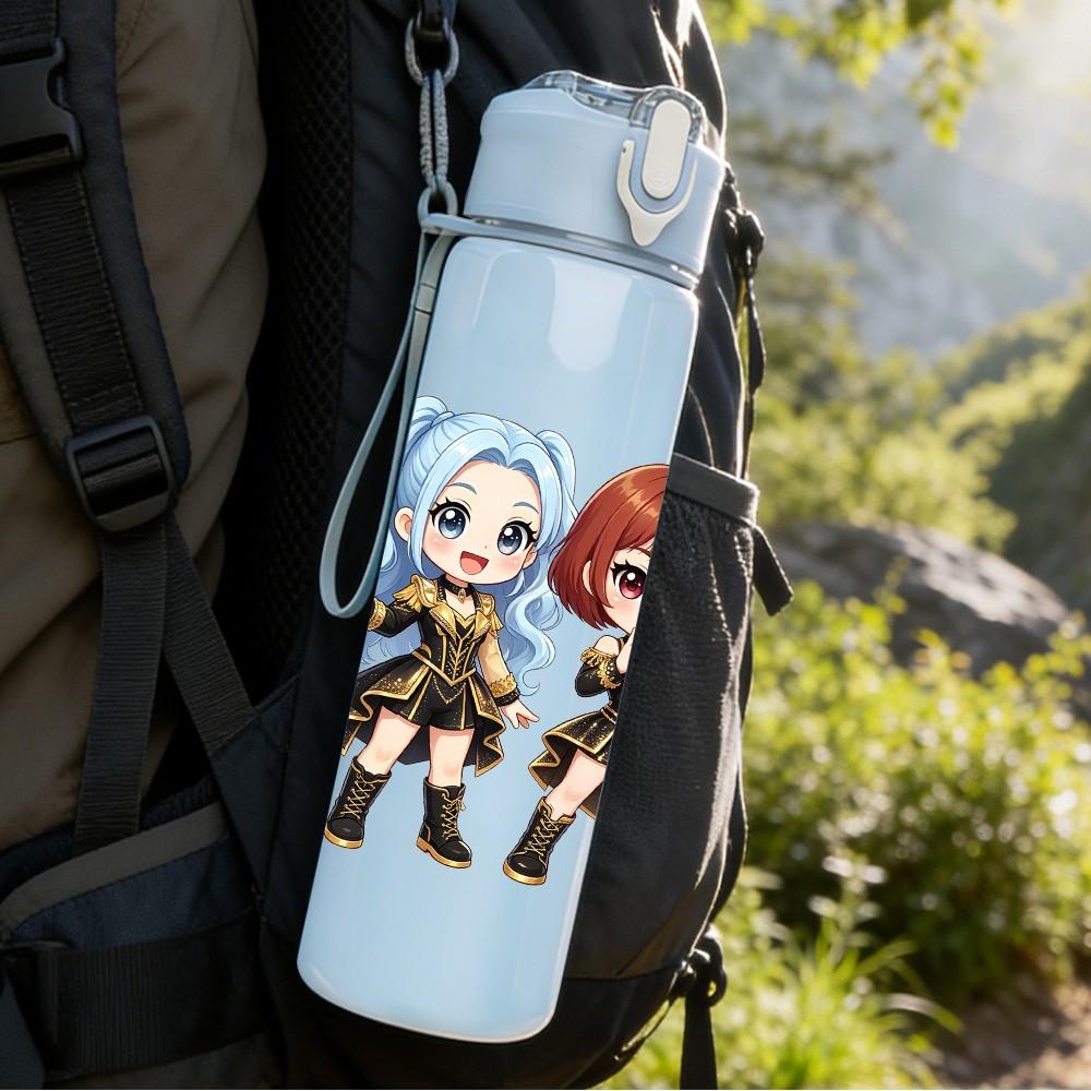 1PC Two Game Female Character Standing 750ml Color Plastic Sports Water Bottle Leakproof Flip Straw Lid Suitable for Sports Office Home Use