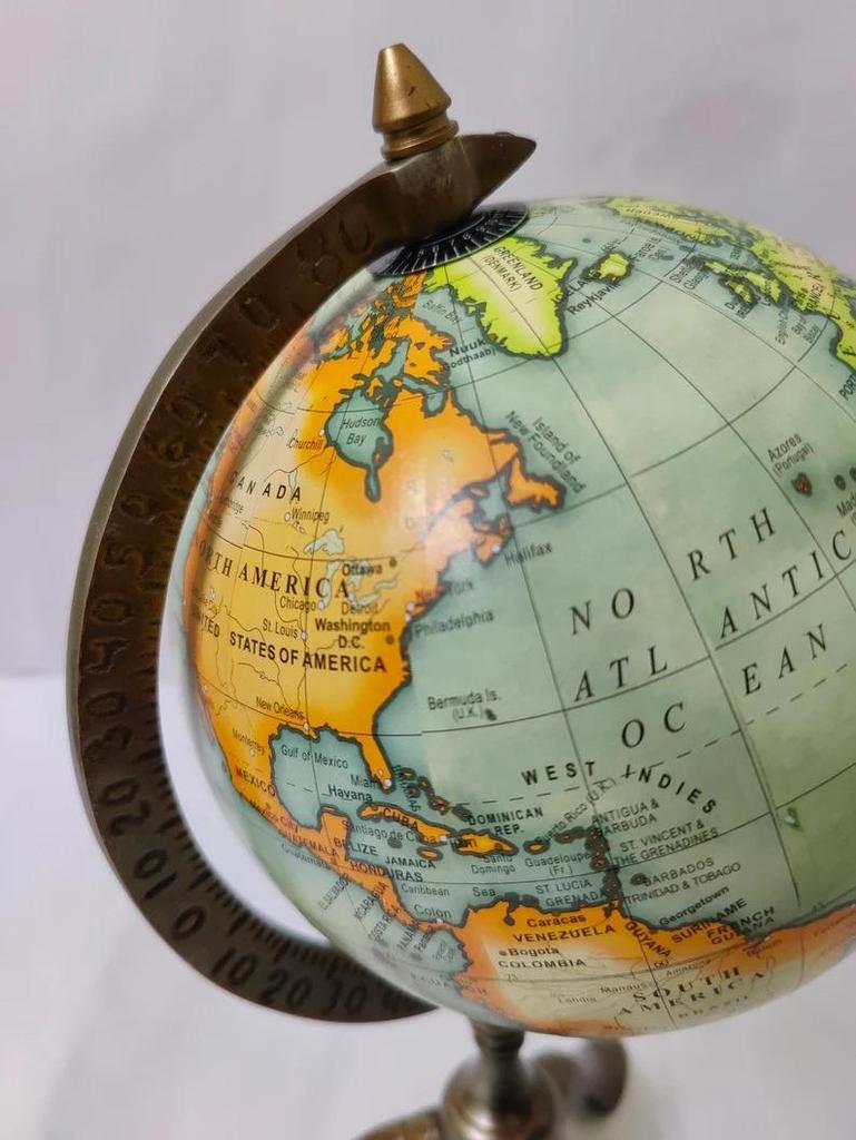 Antique Brass Globe with Stand | Vintage World Map Globe | Decorative Tabletop & Desk Essentials | Vintage Replogle World Globe