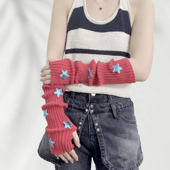 Knitted Arm Warmers Girls Fingerless Long Wrist Gloves Winter Star Arm Sleeves with Thumb Hole for Women Street Wear Parties