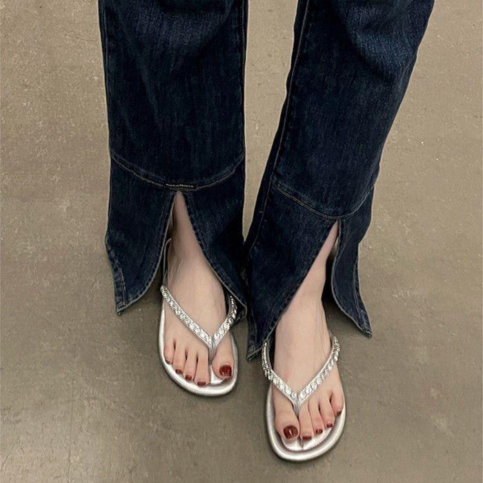 Flat Bottom Fashion New Beach Flip-flops Non-slip Rhinestone Fairy Summer Wear Advanced