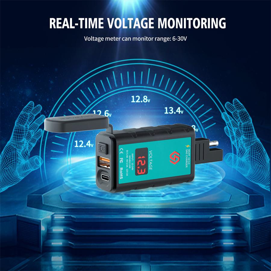 Motorcycle USB + Type-C Charger QC3.0 Fast Charger with Voltmeter Power Switch