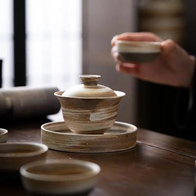Gaiwan en céramique Créatif Ensemble de thé Kung Fu Bol à thé Poterie grossière Zen Glaçure brossée à la main Tasse à thé Gaiwan chinois Soupière à thé
