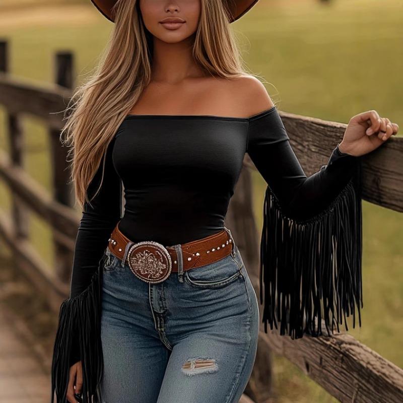

Women s Coffee Brown Off-the-Shoulder Bodysuit Long Sleeve Fringe Trim Slim Fit Western Cowboy Top S чорний