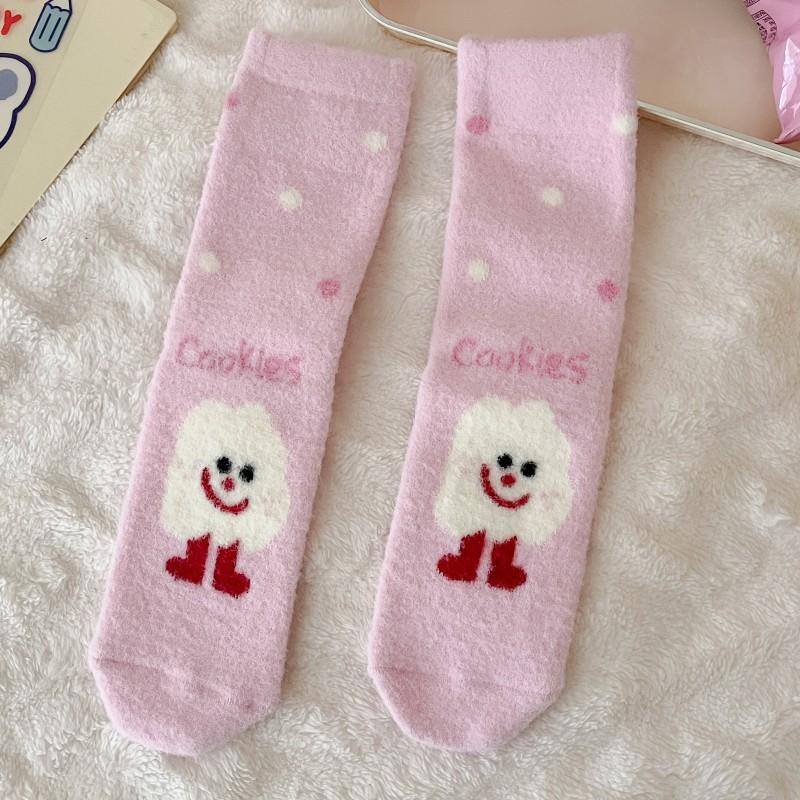 Plush Socks, Thick and Warm Mid-calf Socks for Autumn and Winter, Cute Cartoon Pink, Winter Home Furry Sleeping Socks
