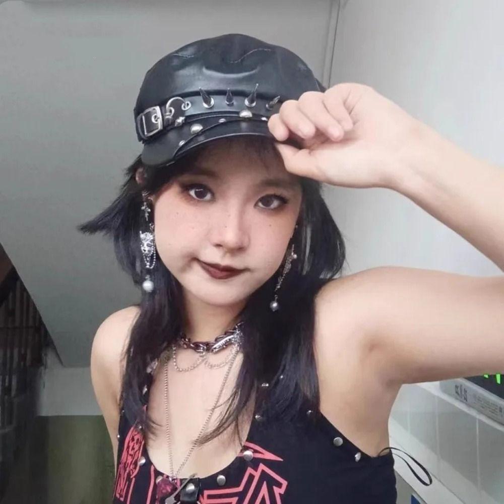 Dark Retro Gothic Spike Cap PU Leather Painter Hat Harajuku Rivet Punk Cap  Hip Pop Cap