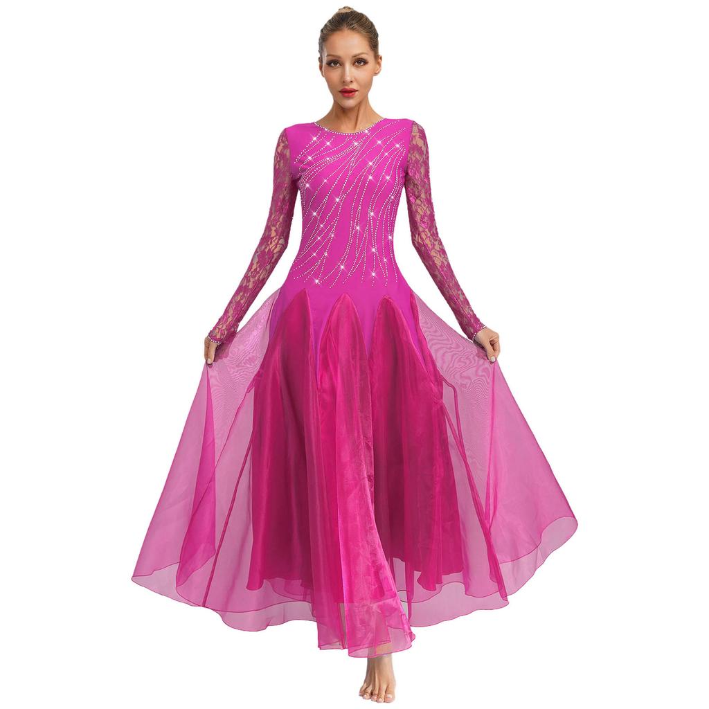 Dámský kostým na společenské tance, třpytivé kamínky, květinová krajka, dlouhé rukávy, V záda, široká rozšířená sukně