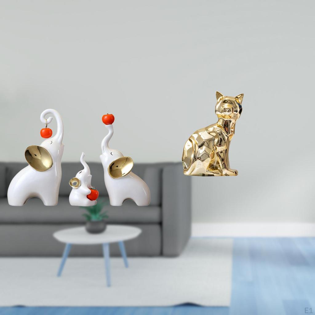 Elephant Cat Animal Sculpture Figurine Art Craft Ornament Family Statues Decorative Desktop