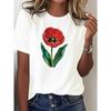 European Size Women's Pure T-Shirt with White Poppies & Green Leaf Print - Round Neck Short Sleeve Casual Top, Minimalist Red Flower Blouse