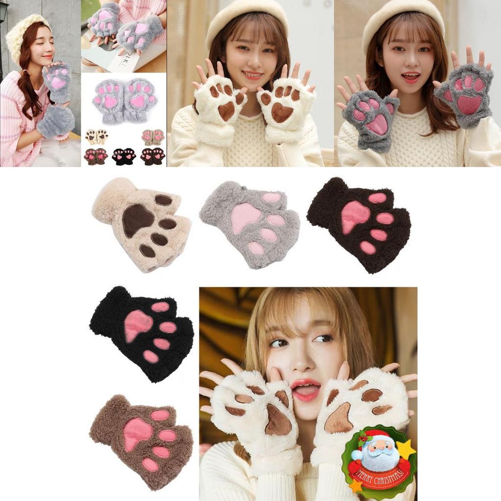 Niedliche Katzenpfoten-Handschuhe Winter Warm Touchscreen Halbfinger-Fäustlinge für Mädchen