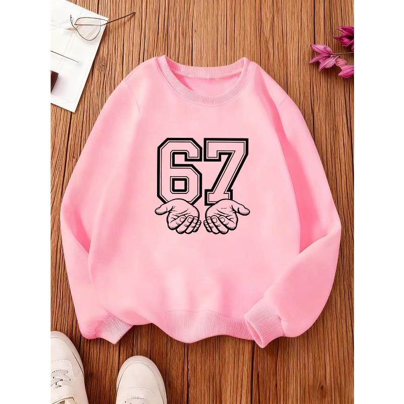 Kids Unisex Crewneck Sweatshirt, Double Outline Varsity 67 Number with Two Cupped Hands Cartoon Print Pullover, Sweatshirt for Boys Girls Ages 4+