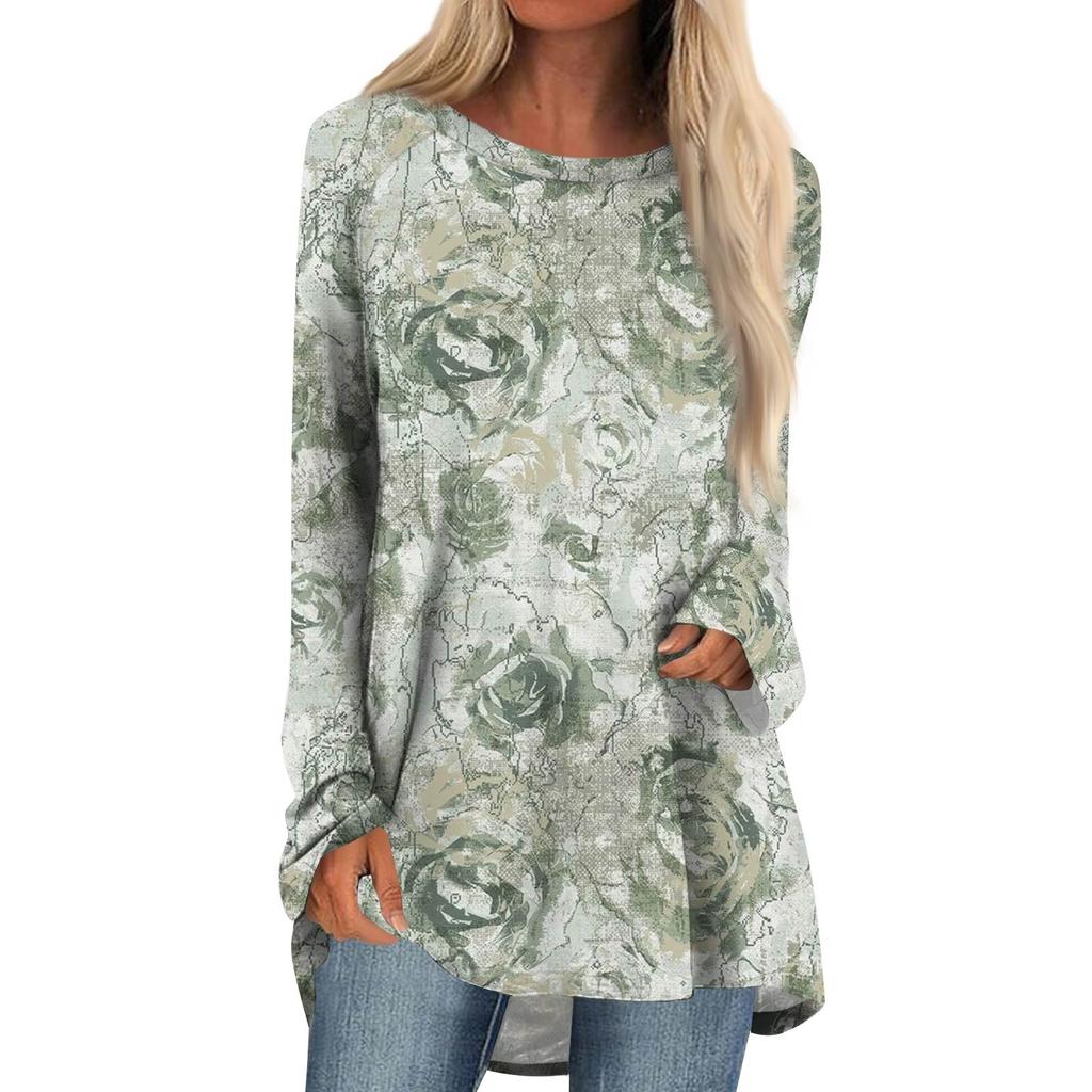Women's Fashion Casual Long Sleeve  Print Round Neck Pullover Top Blouse
