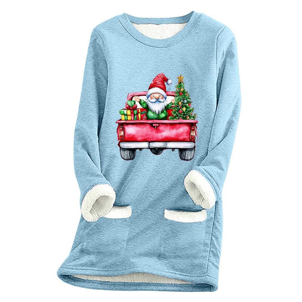 Ladies' Loose And Comfortable Round Neck Christmas Print Thick With Pockets Long Sleeved Top