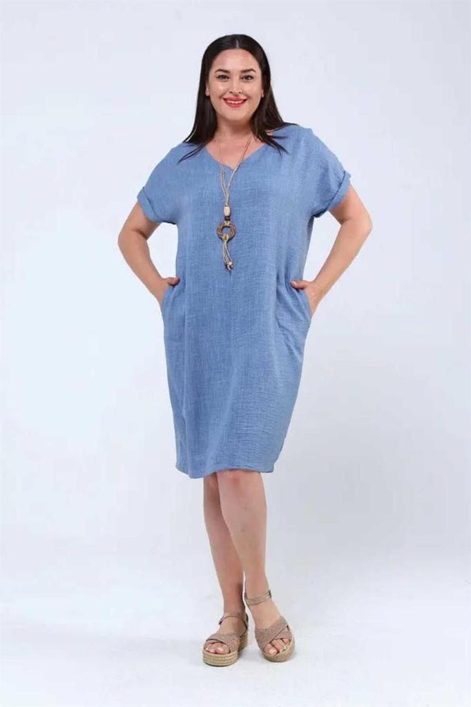 Damen Übergröße Kleid Halskette Plus Size Leinen Ayrobin Kleid Schwarz