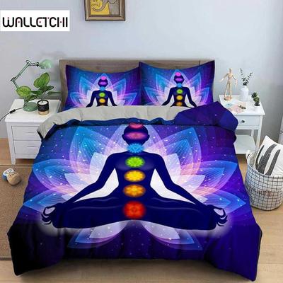 Yoga Duvet Cover King Queen Chakra Meditation Bedding Set Blue Mandala Boho Hippie Style with Chakra Art Polyester Quilt Cover