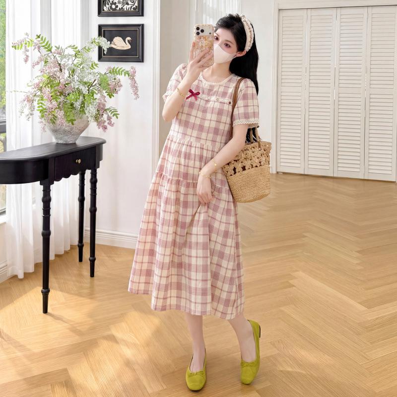 2026 Summer Cotton Linen Plaid Maternity Dress with Lace Trim - Sweet Daily Wear Medium
