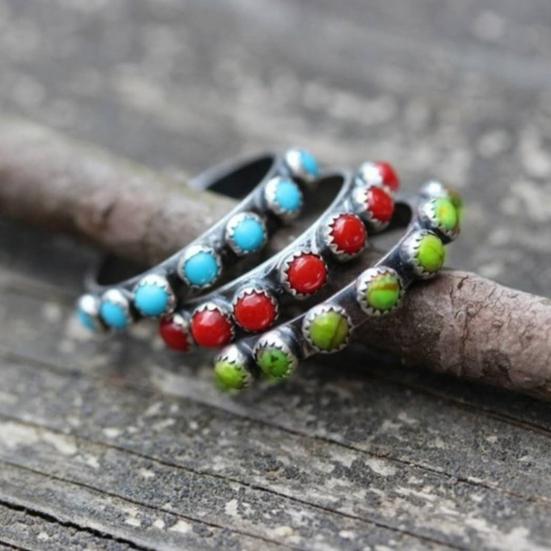 Retro Ethnic Style Turquoise Small Round Beads Ring Women Jewelry Accessories