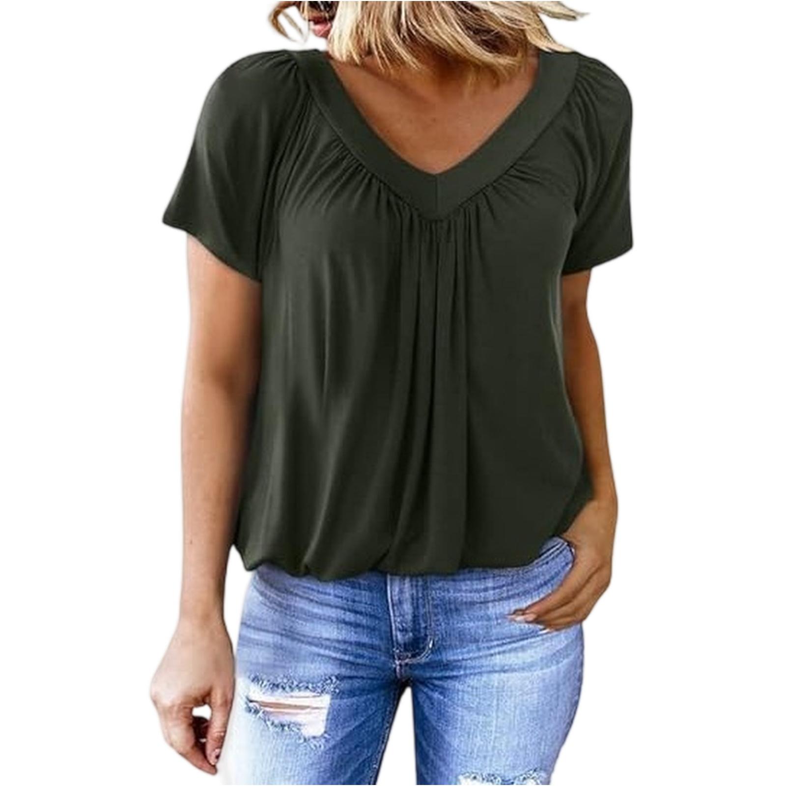 

Women s Casual Color V-Neck Pleated Short Sleeved Top V-Neck Pleated Short Sleeved Top L