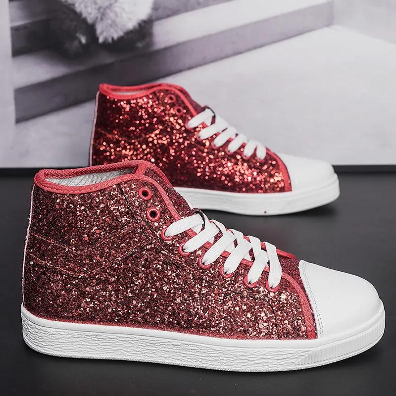 Luxury Red Designer Shoes Women High top Sneakers Lightweight Women's Vulcanized Shoes Fashion Glitter Sneakers Woman