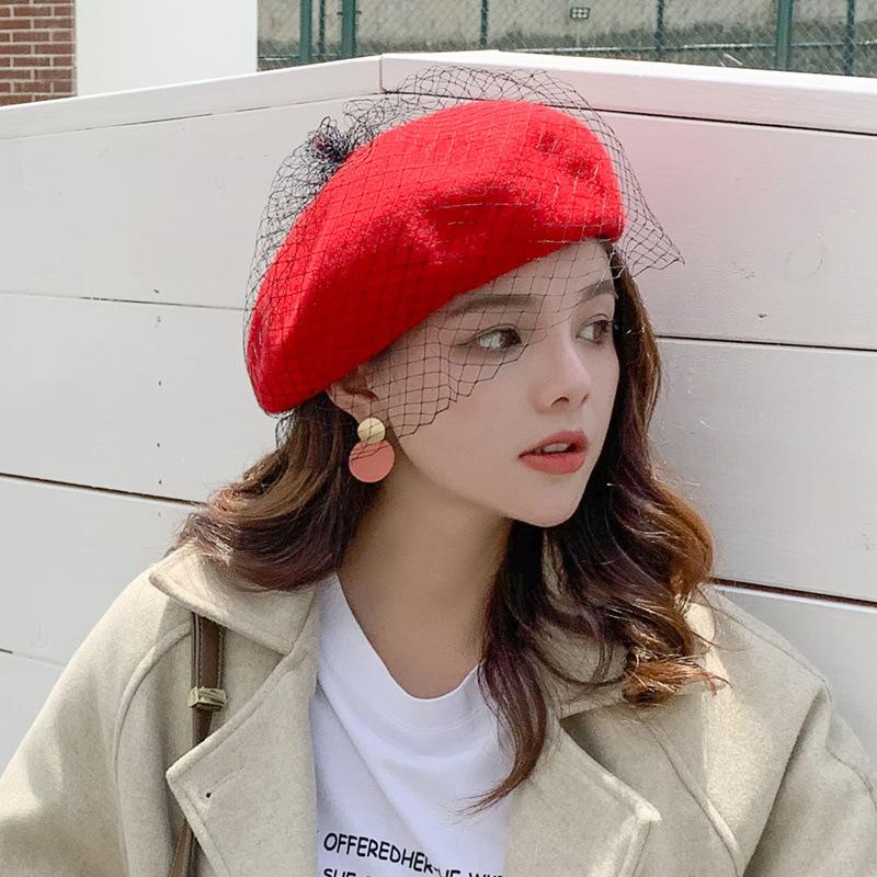 

Осень и зима новая шляпа-бутон ретро шляпа художника шерстяной элегантный и благородный сетчатый берет женский Adjustable красный