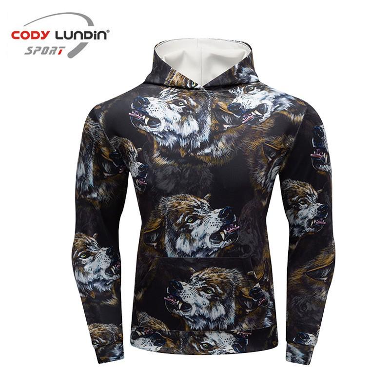 Mens Slim Fit Hooded Gym Workout Top Digital Print Long Sleeve Athletic Shirt Fitness Running Training