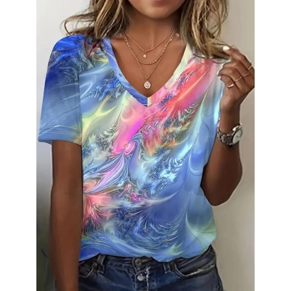 

Блестящая текстура Гало 3D цифровая печать Женская уличная мода Универсальные свободные дышащие футболки с коротким рукавом и V-образным вырезом 5XL