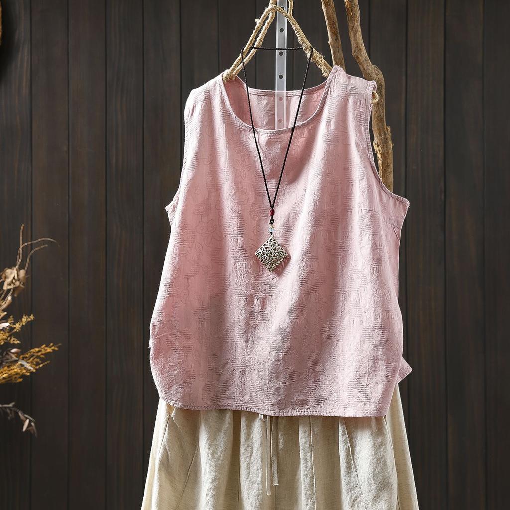 Cotton and Linen Jacquard Sleeveless T-shirt Women's New Summer Outer Wear with Loose and Thin Literary Casual Vest Cotton Top