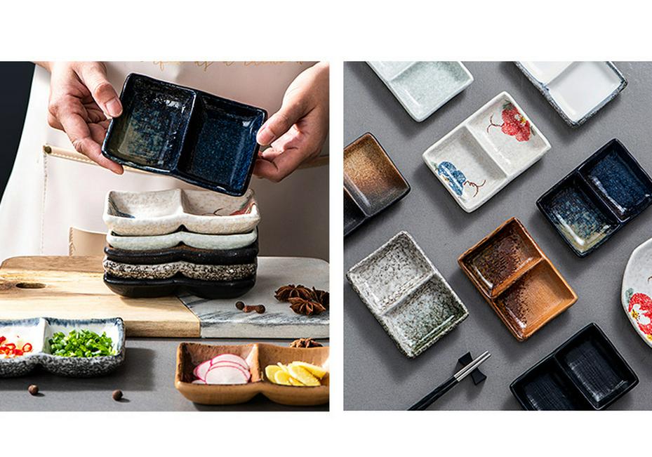 Japanese Ceramic Double-Compartment Dish for Dipping Sauces and Seasonings