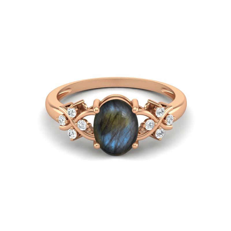 

8X6MM Oval Labradorite Gemstone 925 Sterling Silver Rose Plated Solitaire Vine-Inspired Women Wedding Ring 7.5 Яскраво-рожевий