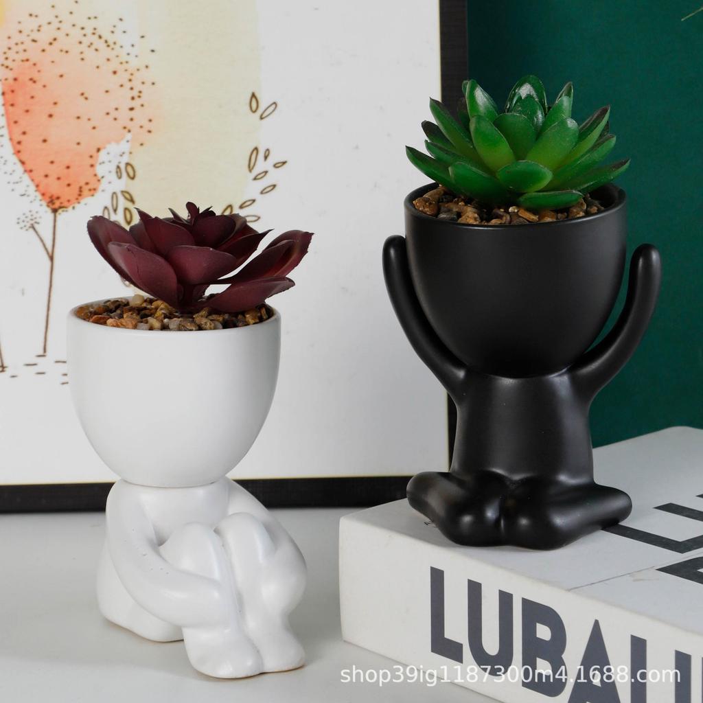 Creative Ceramic Figurine and Faux Plant Vase Set for Home Decor