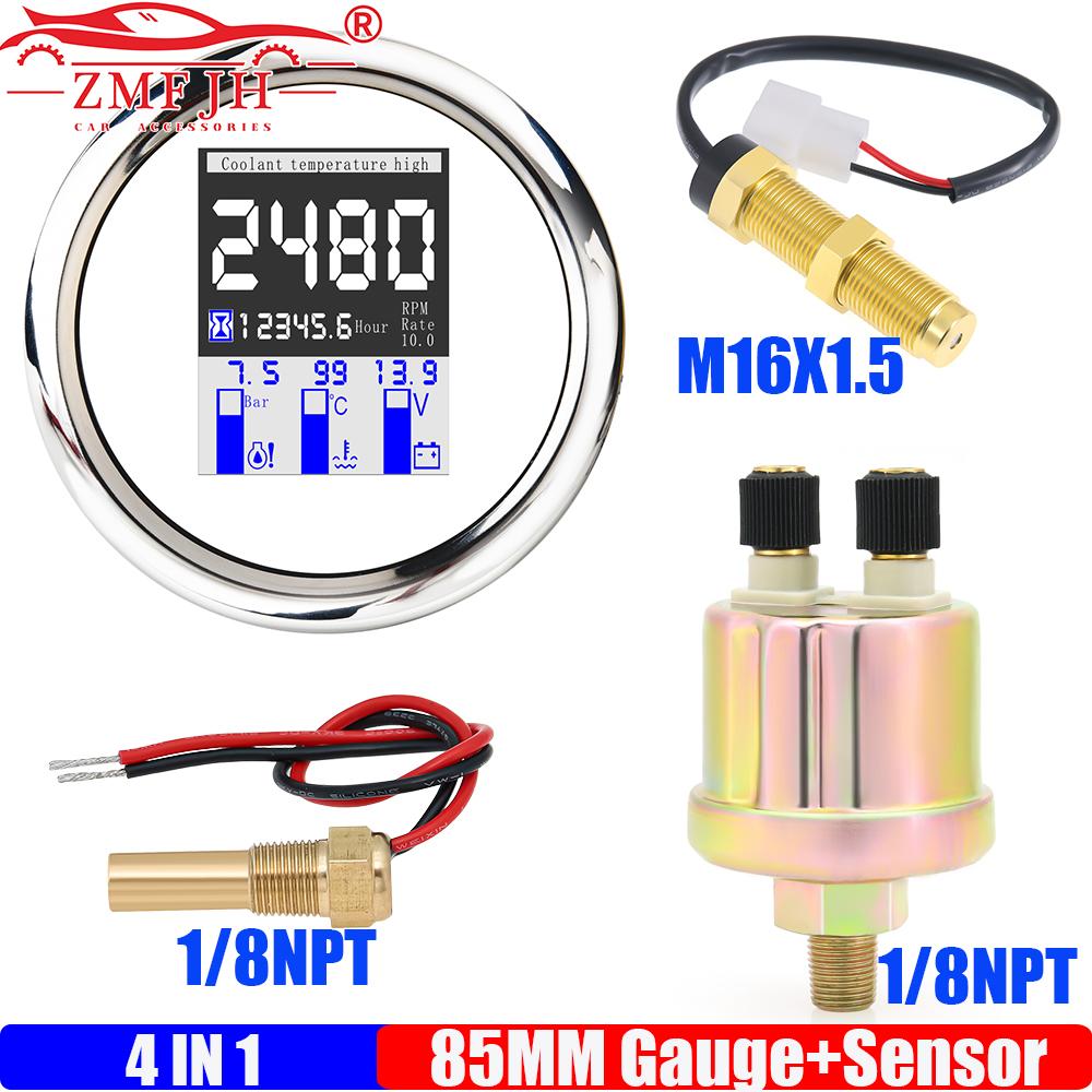 ZMFJH Digital 85MM Multifunctional Gauge 4IN1 Tachometer+Oil Pressure Meter+Water Temp+Voltage with Sensor Alarm for Car Boat