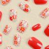 24pcs Glossy Red White Flower Press On Nails - Short Oval False Nails for Women and Girls - Full Cover Spring Summer Nails for Easter