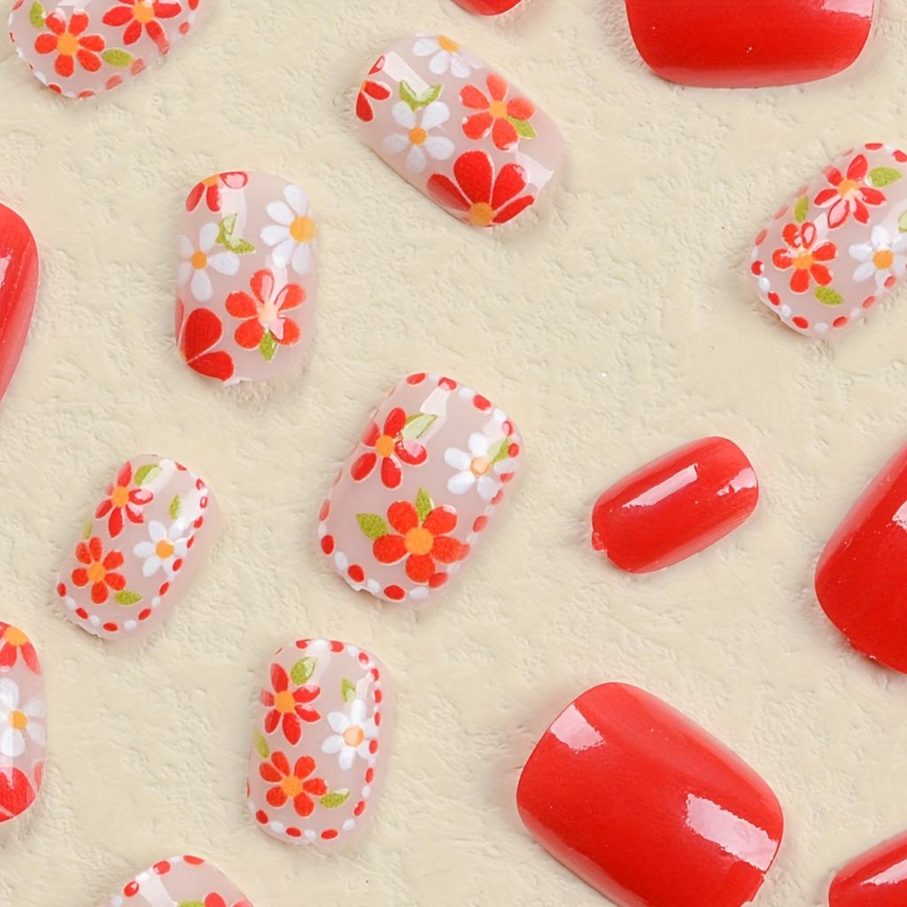 24pcs Glossy Red White Flower Press On Nails - Short Oval False Nails for Women and Girls - Full Cover Spring Summer Nails for Easter