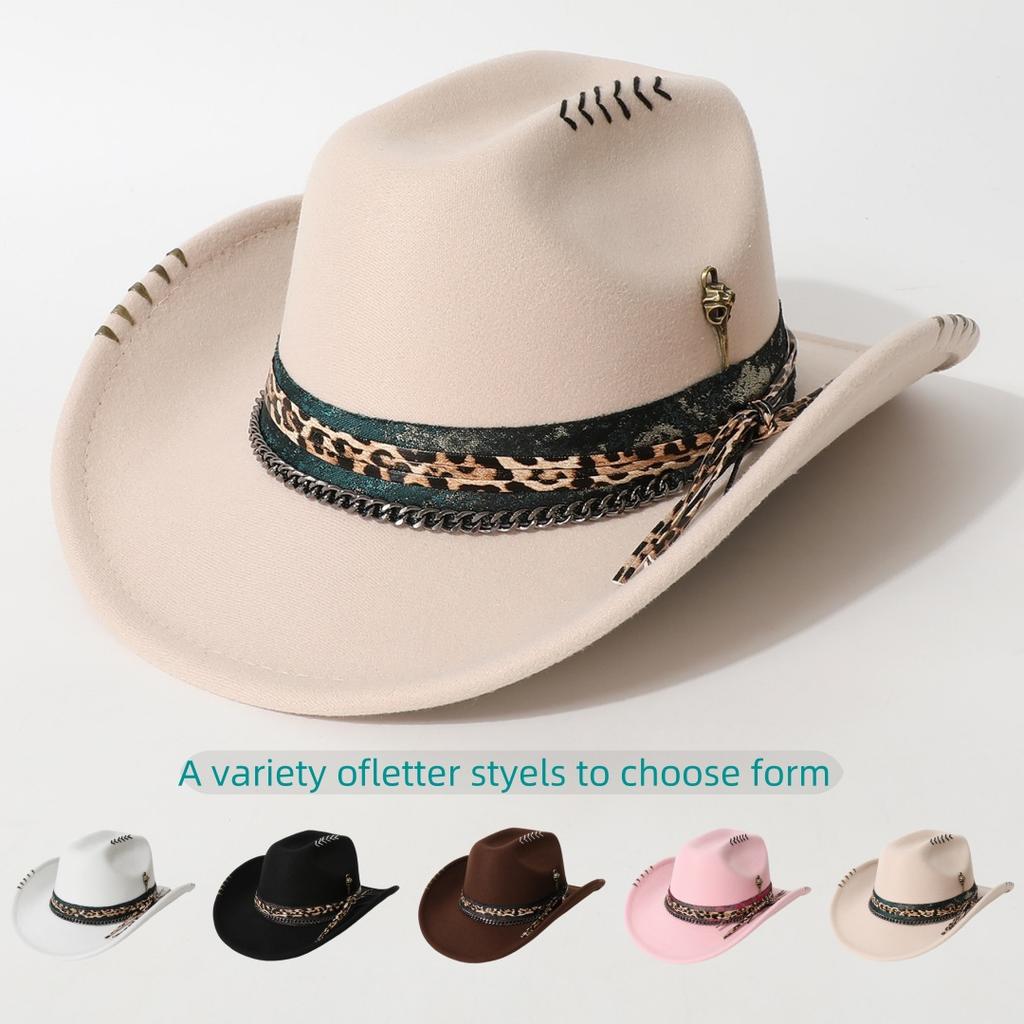 Popular women's flat-top woolen hat, western cowboy hat with hand-embroidered skull and metal decoration, versatile