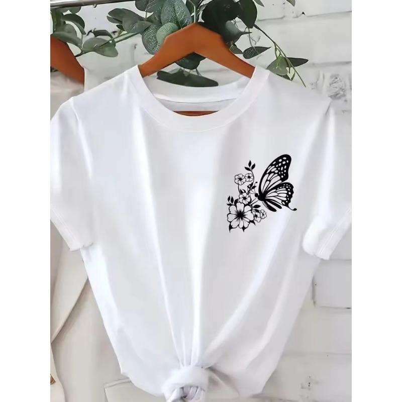 

Vibrant Orange with White Butterfly Print Cotton T-shirt Girl Cartoon Unisex Tops Short Sleeve Streetwear Women Crew Neck Tees Female S