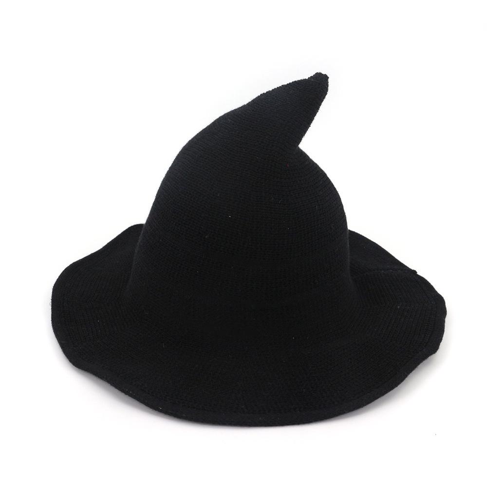 Cotton Knit Pointed Wizard Hat Womens Wide Brim Witch Hat Foldable Bucket Hat