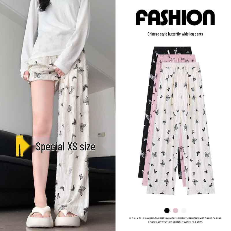 

Women s Petite Ice Silk Wide-Leg Pants - High Waist, Butterfly Design, Summer Casual XS XS, recommended for 30-40kg