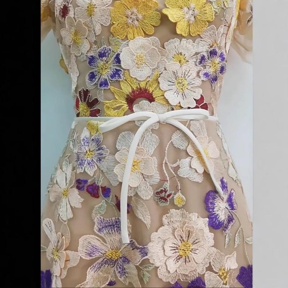 Colorful Flower Embroidery V-Neck Short-Sleeve Dress by Vietnamese Designer