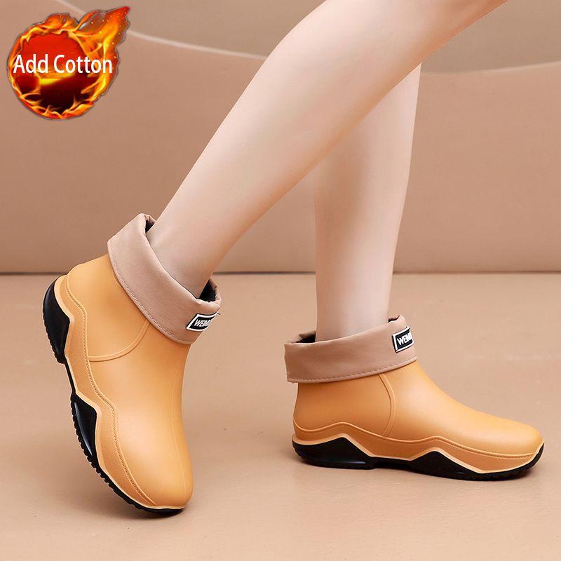 Korean Style Women's Short Shaft Rain Boots Waterproof Warm Flat Sole Kitchen Work Car Wash Rubber Boots Men's