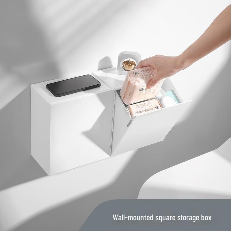 Wall-mounted Square Storage Box with Semi-lift Lid for Sundries, Bathroom Tissue, Mobile Phone, Trash Bag, Dustproof Storage