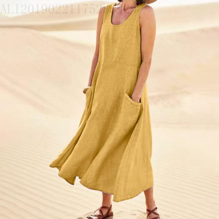 Cotton Linen Blend Summer Sleeveless Pocket Dress European American Style 19 Colors